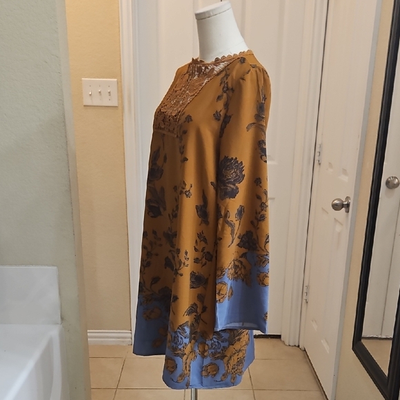 Altar'd State Golden and Blue Floral Long Sleeve Boho Dress with Crotchet Detail - Picture 5 of 8